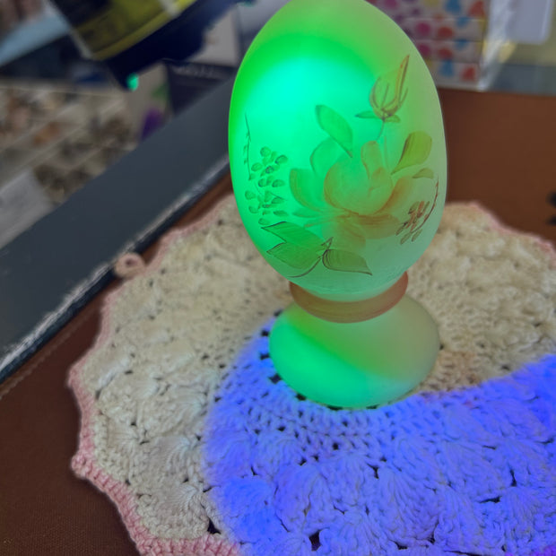Signed, Hand painted Fenton Uranium Milk Glass Egg