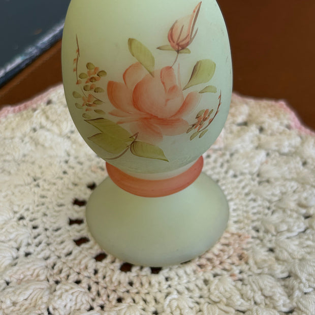 Signed, Hand painted Fenton Uranium Milk Glass Egg